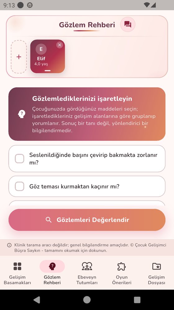 Gözlem Rehberi ekranı: işaretlenebilir gözlem maddeleri listesi