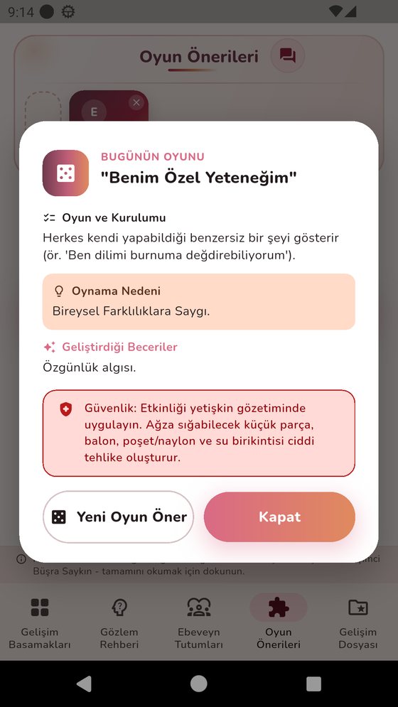 Oyun Önerileri ekranı: yaşa uygun bir oyun önerisi ve güvenlik notu